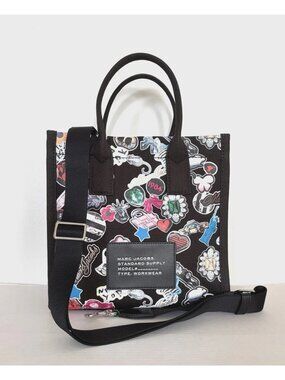 New Marc Jacobs Cotton Canvas Graphic Sticker-Print Medium Tote Black Multi